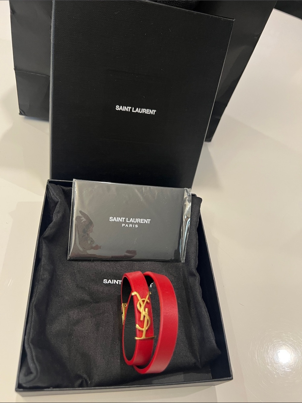 Saint Laurent Red Leather Double Wrap Bracelet with Gold YSL Logo